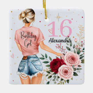 Sweet 16 Birthday Girl Custom Name Rose Floral Art Ceramic Ornament