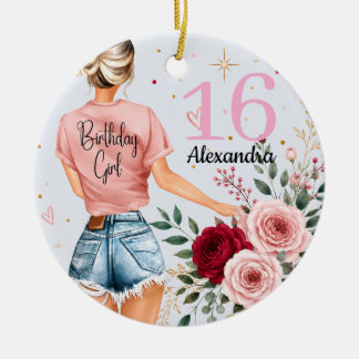 Sweet 16 Birthday Girl Custom Name Rose Floral Art Ceramic Tree Decoration