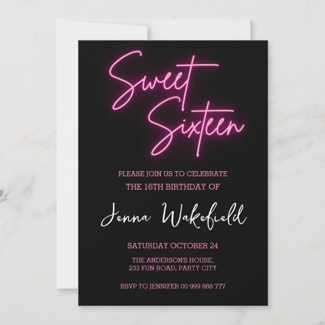 Sweet 16 Birthday Girl Party Neon Invitation (Front)