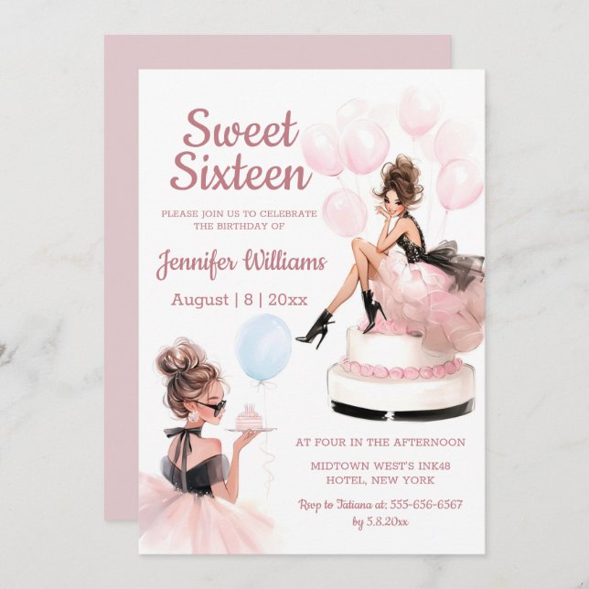 sweet 16 birthday girl pink party invitation  (Front/Back)