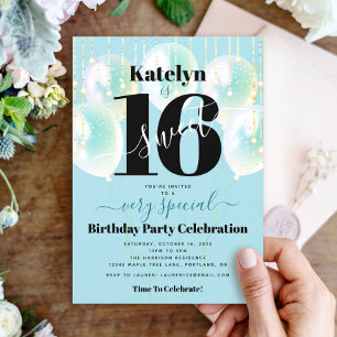 Sweet 16 Birthday Girly Glam Turquoise Balloons Invitation