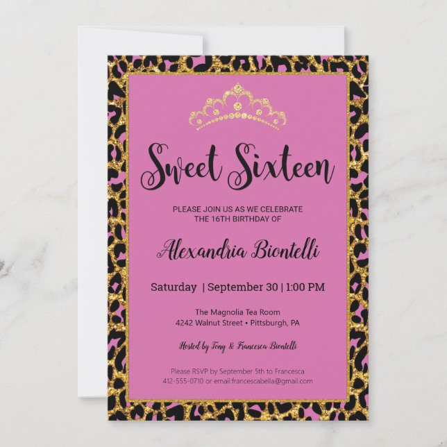 Sweet 16 Birthday|Girly Pink Leopard Gold Glitter Invitation (Front)