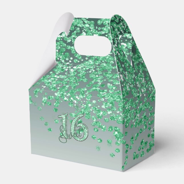 Sweet 16 Birthday Glam Green Glitter Favour Box (Front Side)