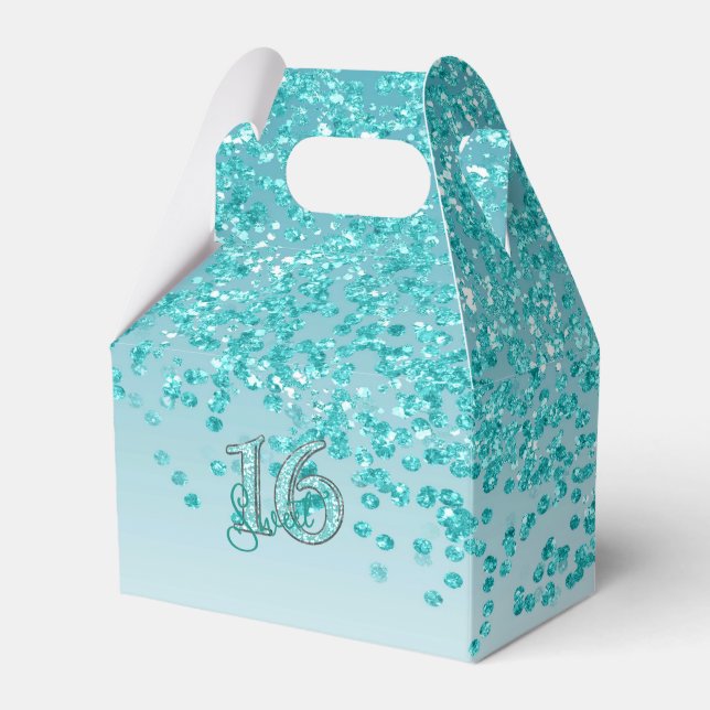 Sweet 16 Birthday Glam Teal Blue Glitter  Favour Box (Front Side)