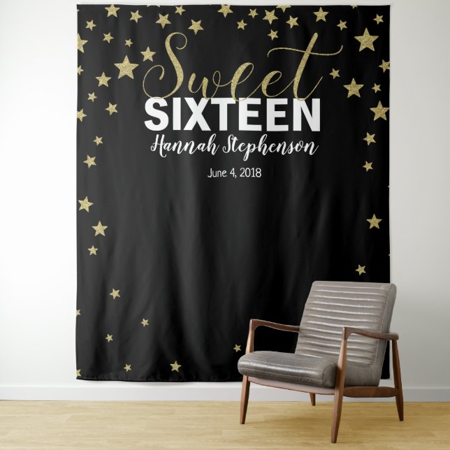 sweet 16 birthday glitter backdrop banner tapestry (In Situ)