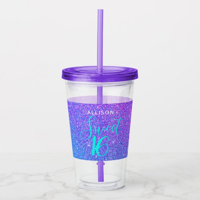 Sweet 16 Birthday Glitter Purple Teal Personalised Acrylic Tumbler (Front)