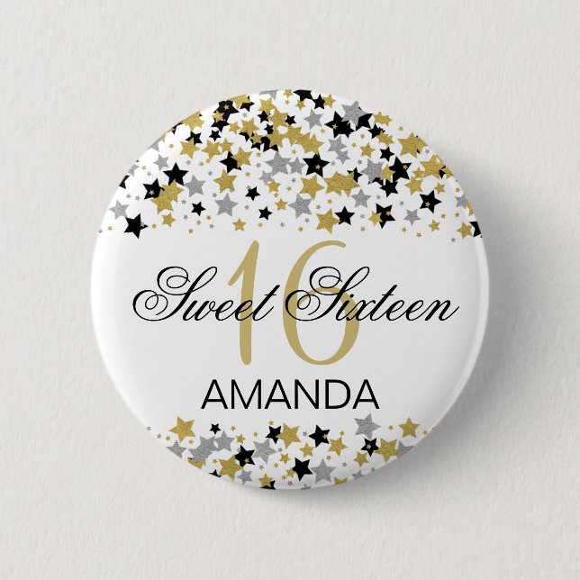 Sweet 16 Birthday Gold Glitter Star Confetti 6 Cm Round Badge (Front)