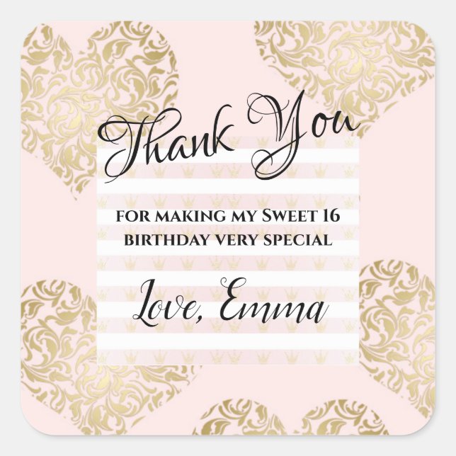 Sweet 16 Birthday Gold Glitter Thank You Favor Square Sticker (Front)