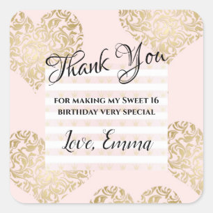 Sweet 16 Birthday Gold Glitter Thank You Favor Square Sticker