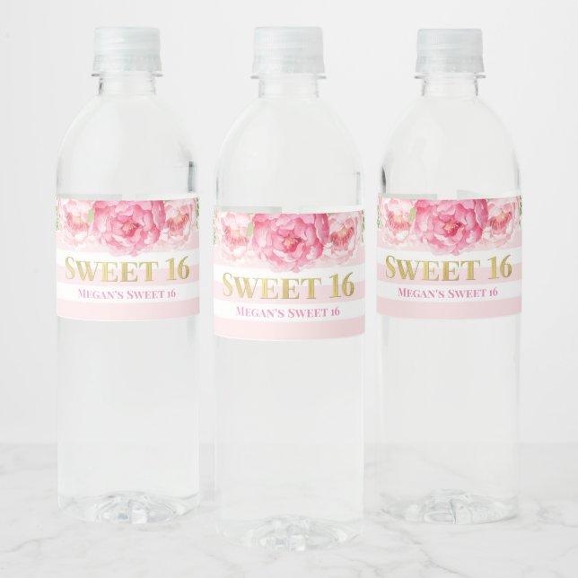 Sweet 16 Birthday Gold Pink Stripes Flowers Water Bottle Label (Bottles)