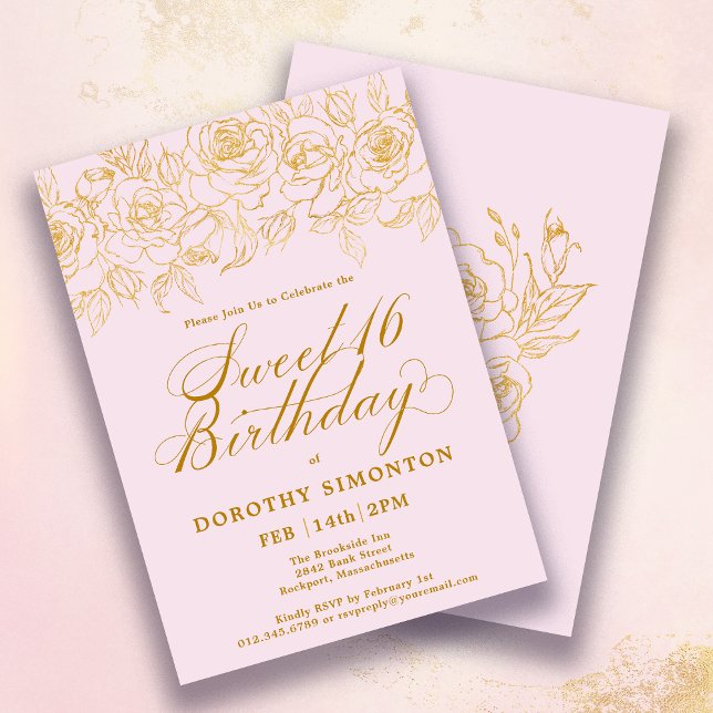 Sweet 16 Birthday Gold Rose Floral Blush Pink Invitation (Creator Uploaded)
