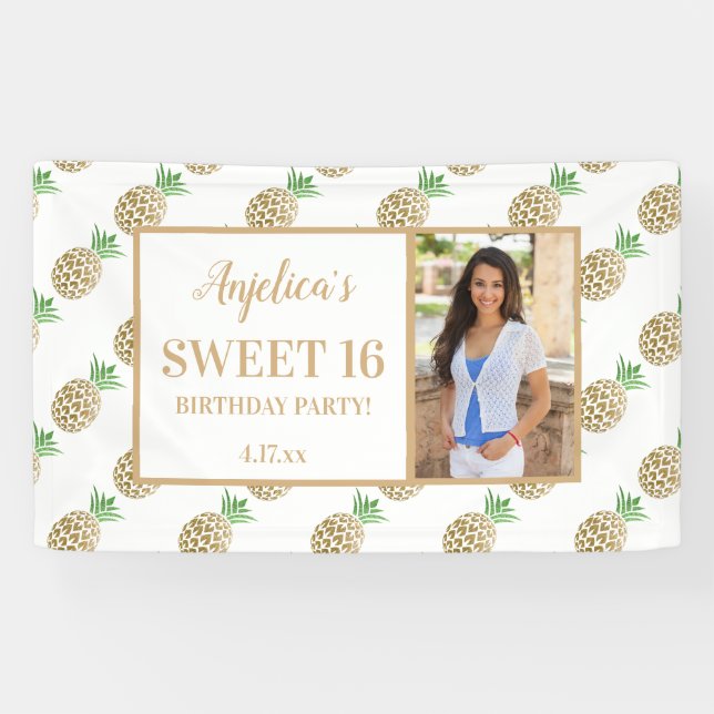 Sweet 16 Birthday Gold White Pineapple Photo Banner (Horizontal)