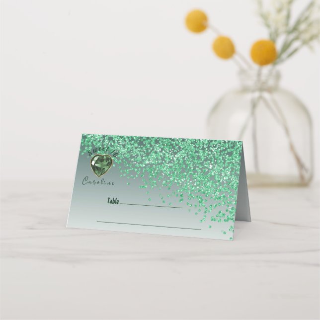 Sweet 16 Birthday Green Glitter & Green Gem Place Card (Front)