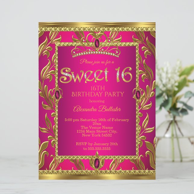 Sweet 16 Birthday Hot Pink Jewel Tiara Gold Invitation (Standing Front)