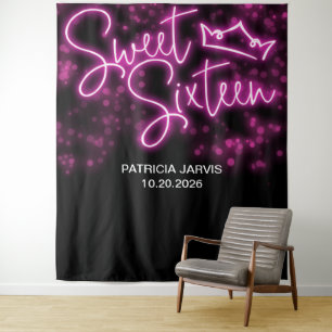 Sweet 16 Birthday Hot Pink Neon Glow Backdrops Tapestry
