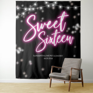 Sweet 16 Birthday Hot Pink Neon Glow Dark Backdrop Tapestry