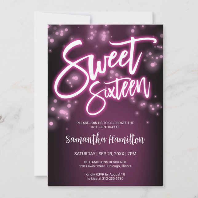 Sweet 16 Birthday Hot Pink Neon Glow Dark Party Invitation (Front)