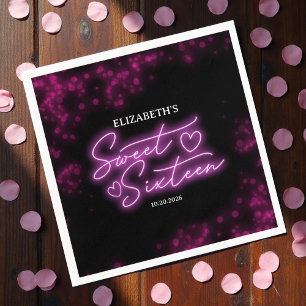 Sweet 16 Birthday Hot Pink Neon Glow Dark Party Napkin