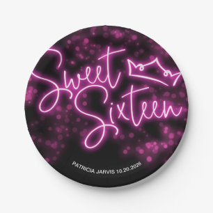 Sweet 16 Birthday Hot Pink Neon Glow Dark Party Paper Plate