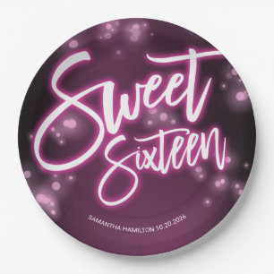 Sweet 16 Birthday Hot Pink Neon Glow Dark Party Paper Plate
