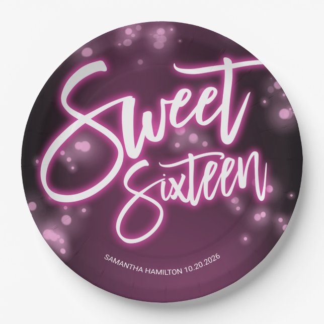 Sweet 16 Birthday Hot Pink Neon Glow Dark Party Paper Plate (Front)