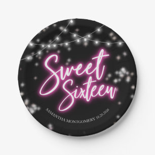 Sweet 16 Birthday Hot Pink Neon-Themed Party Paper Plate