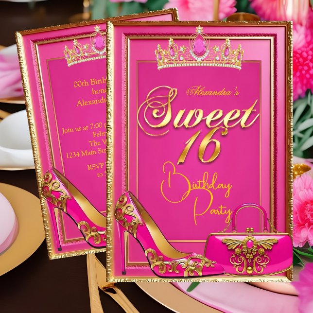 Sweet 16 Birthday Hot Pink Tiara Heel Gold Handbag Invitation (Creator Uploaded)