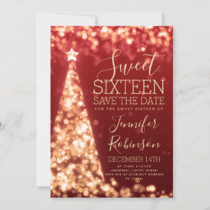 Sweet 16 Birthday Invitation Gold & Red Christmas