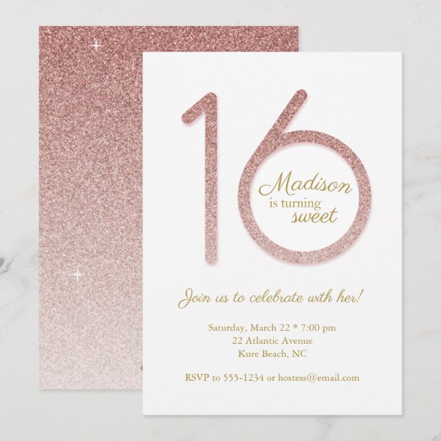 Sweet 16 Birthday Invitation in Rose Gold Glitter (Front/Back)