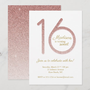 Sweet 16 Birthday Invitation in Rose Gold Glitter
