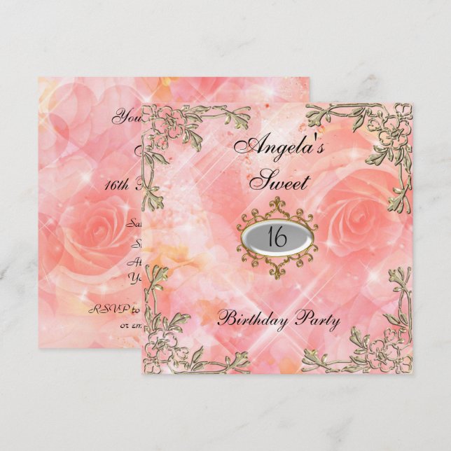 Sweet 16 birthday Invitation Pink Flowers (Front/Back)