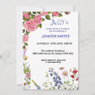 Sweet 16 Birthday Invitation with Pink Roses and W