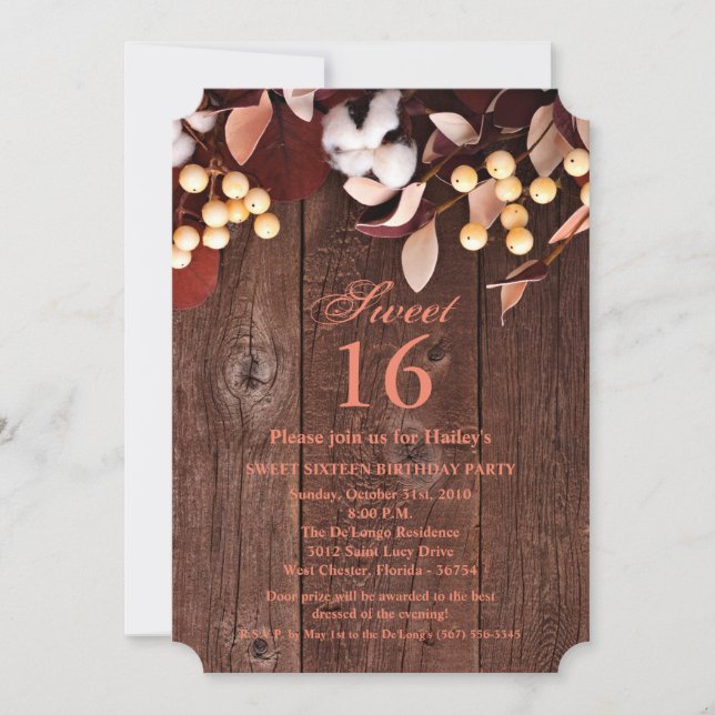 Sweet 16 Birthday Invite Cotton Branch on Dark Woo (Front)