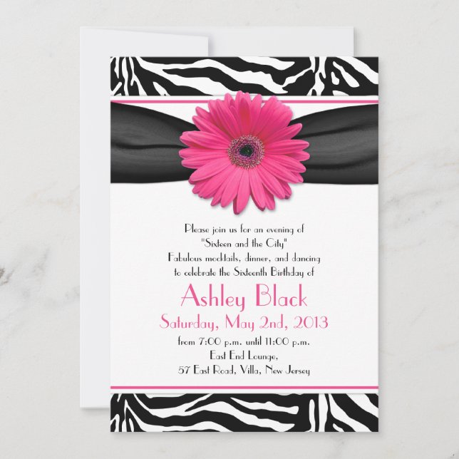 Sweet 16 Birthday Invite | Daisy Zebra Print (Front)