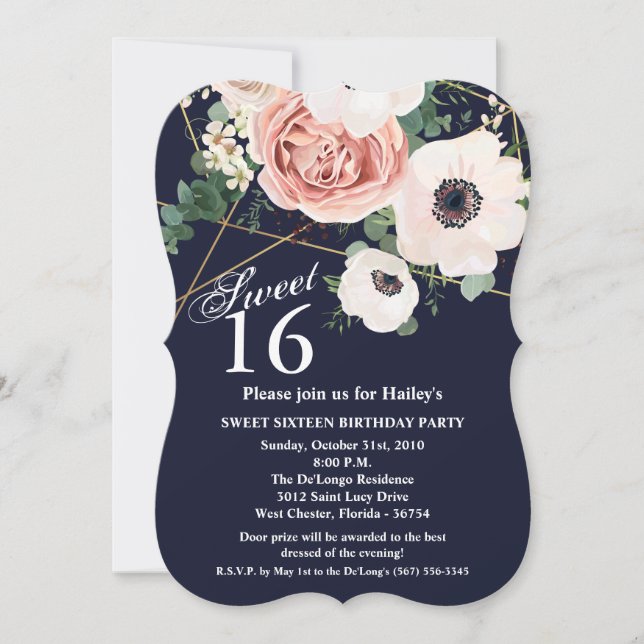 Sweet 16 Birthday Invite Geometric Garden Navy Blu (Front)
