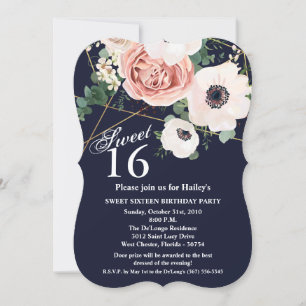 Sweet 16 Birthday Invite Geometric Garden Navy Blu
