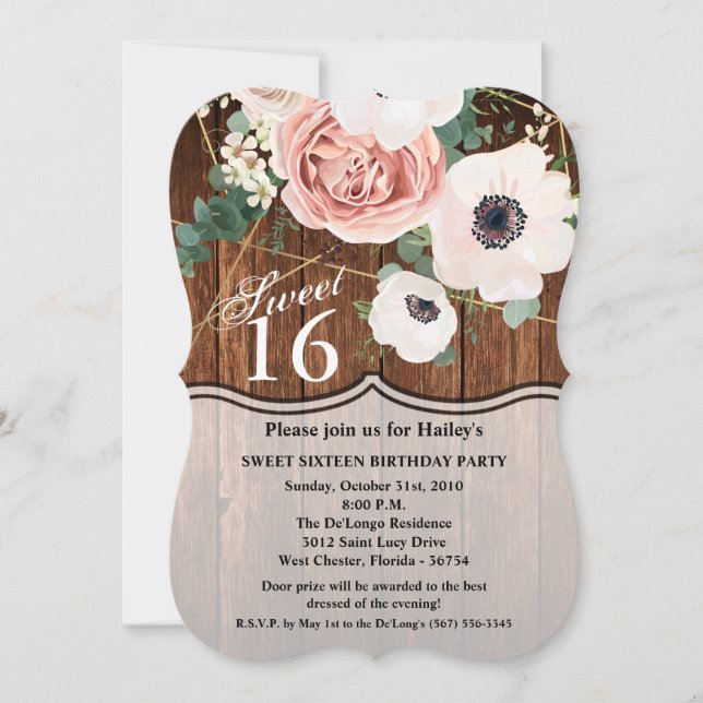Sweet 16 Birthday Invite Geometric Garden Rose (Front)