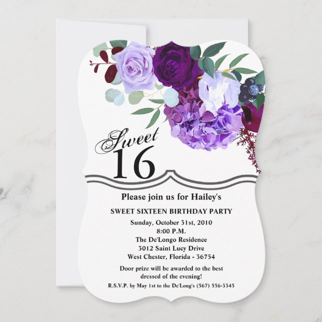 Sweet 16 Birthday Invite Lavender Hibiscus on Wh (Front)