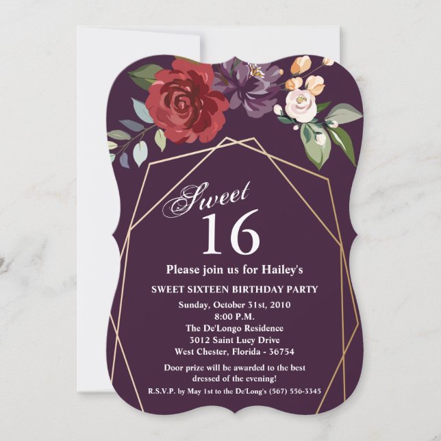Sweet 16 Birthday Invite Plum Purple Roses Gold Ge (Front)