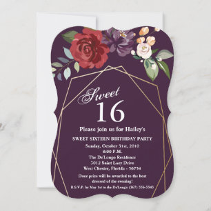 Sweet 16 Birthday Invite Plum Purple Roses Gold Ge