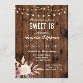 Sweet 16 Birthday Invite Rustic Wood Flower 16th