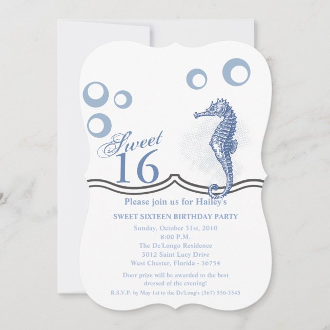 Sweet 16 Birthday Invite Seahorse Ocean Beach (Front)