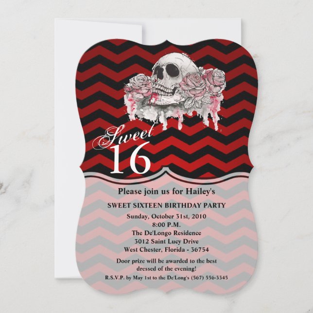 Sweet 16 Birthday Invite skull Rose Gothic Chevron (Front)
