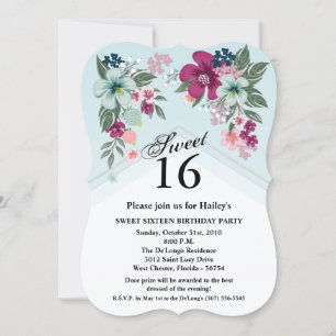 Sweet 16 Birthday Invite Tropical Flower on Blue O