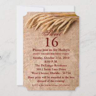 Sweet 16 Birthday Invite Wheat on Burlap Sack Coun