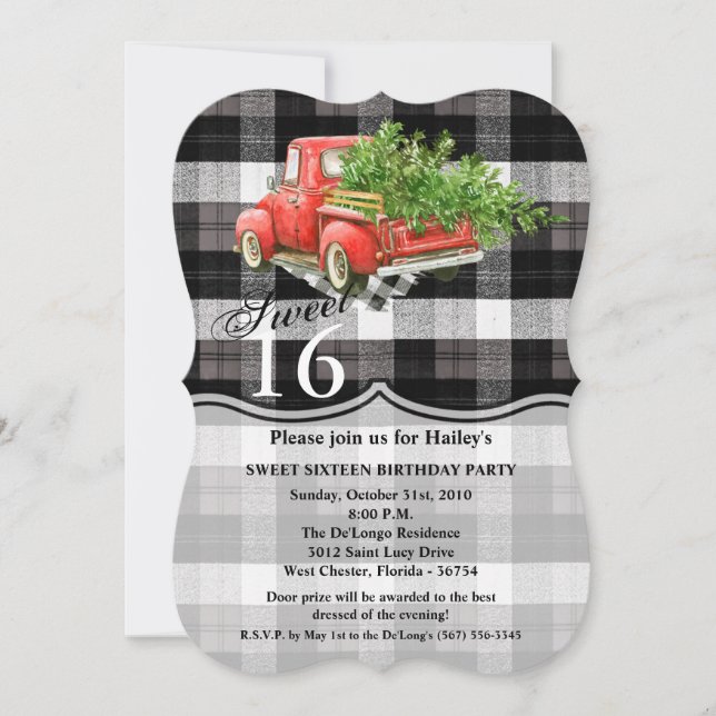 Sweet 16 Birthday Invite XMAS Truck Baffalo Plaid (Front)