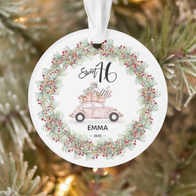 Sweet 16 Birthday Keepsake Pink Car Ornament (Tree)