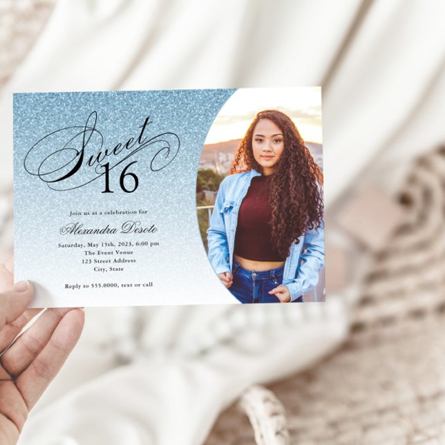 Sweet 16 Birthday Light Blue Glitter Glam Photo  Invitation (Creator Uploaded)