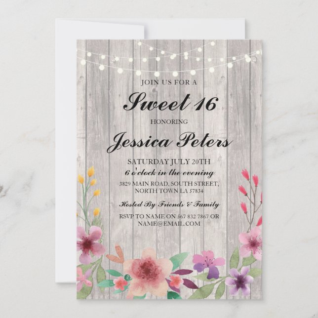 Sweet 16 Birthday Lights Rustic Wood Floral Invite (Front)