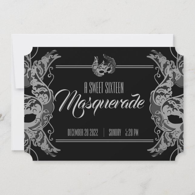 sweet 16 BIRTHDAY MASQUERADE black & white ticket Invitation (Back)
